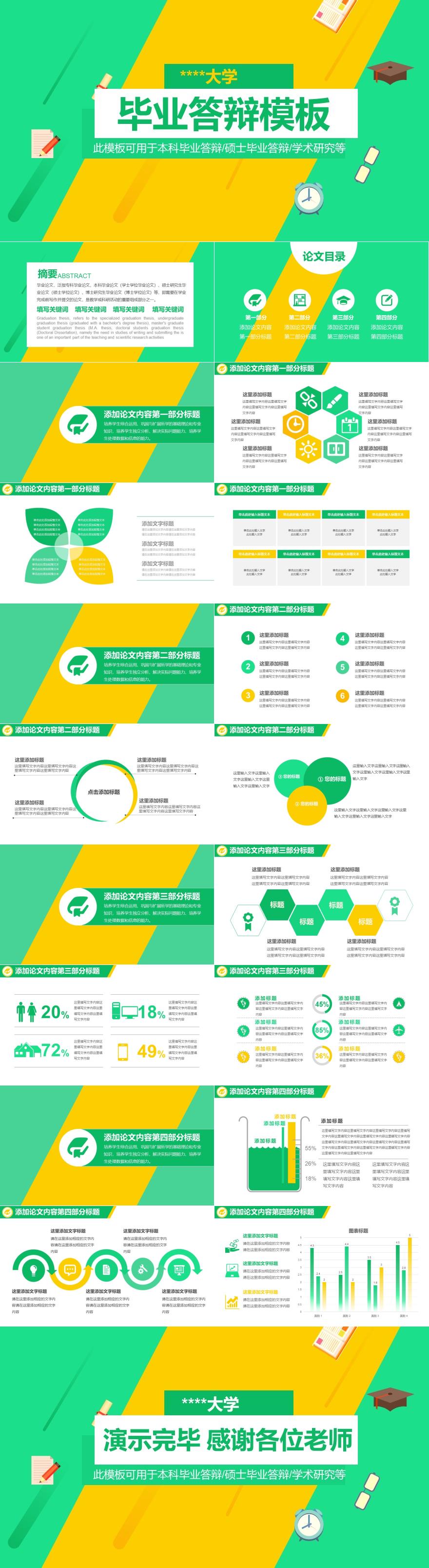 绿黄色扁平化动画毕业答辩硕士毕业答辩PPT模板