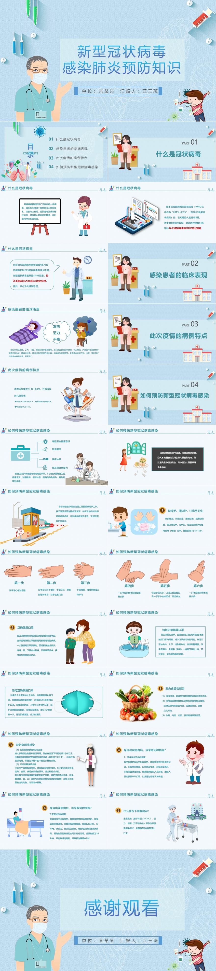 蓝色病毒医生针筒卡通新型冠状病毒知识培训PPT模板