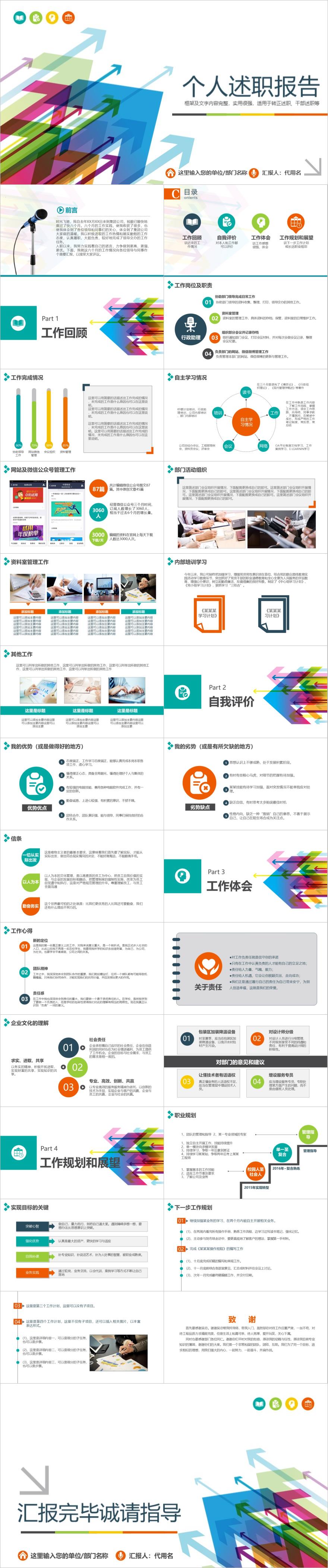 彩色箭头商务个人述职报告PPT模板