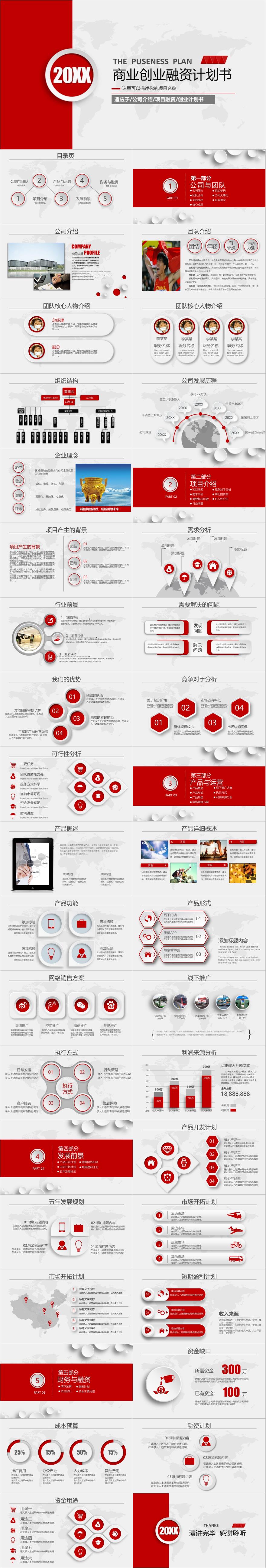 红色微粒体商业创业融资计划书PPT模板