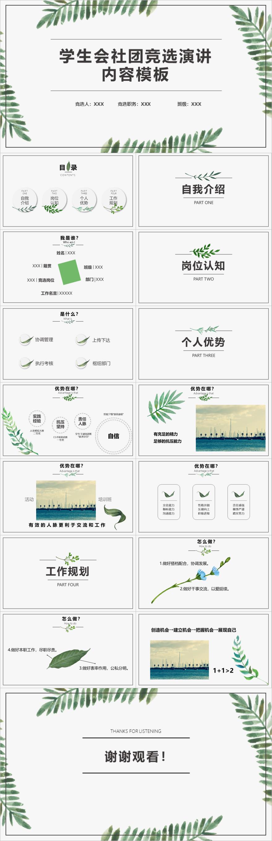 绿色简约风社团竞选演讲PPT模板