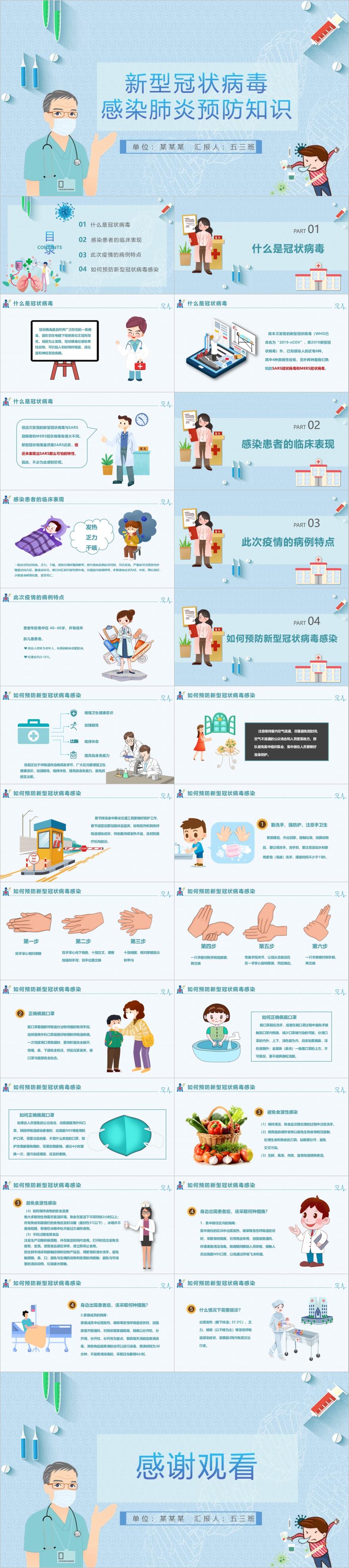 蓝色卡通风新冠预防知识医疗ppt模板