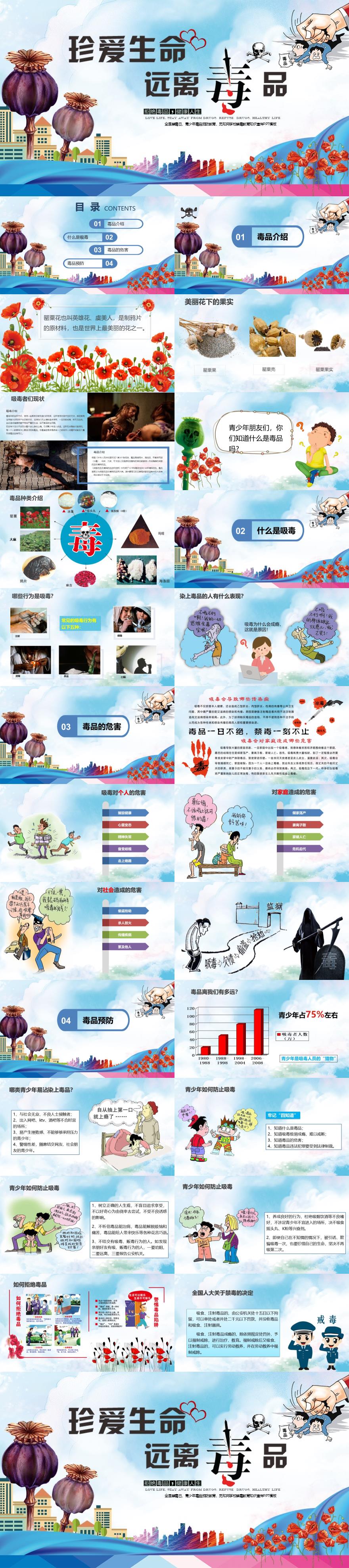 彩色卡通风珍爱生命远离毒品医疗PPT模板